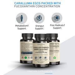 VINATURA fucoxanthin 3mg capsules bottle showcases synergy with caralluma for overall wellness.