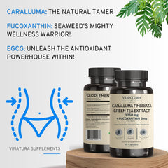 VINATURA fucoxanthin 3mg capsules bottle showcases synergy with caralluma for overall wellness.