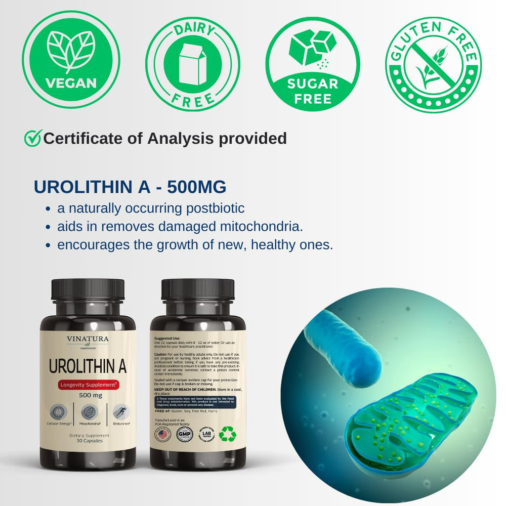 Close-up of VINATURA Urolithin A 500mg capsules