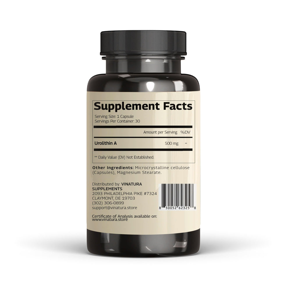 Third-party tested stamp on VINATURA Urolithin A packaging