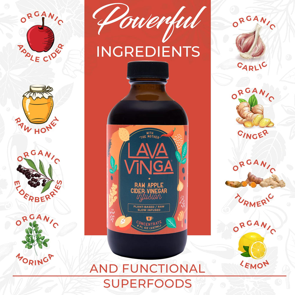Close-up of VINGA Lava Apple Cider Vinegar bottle with Moringa label