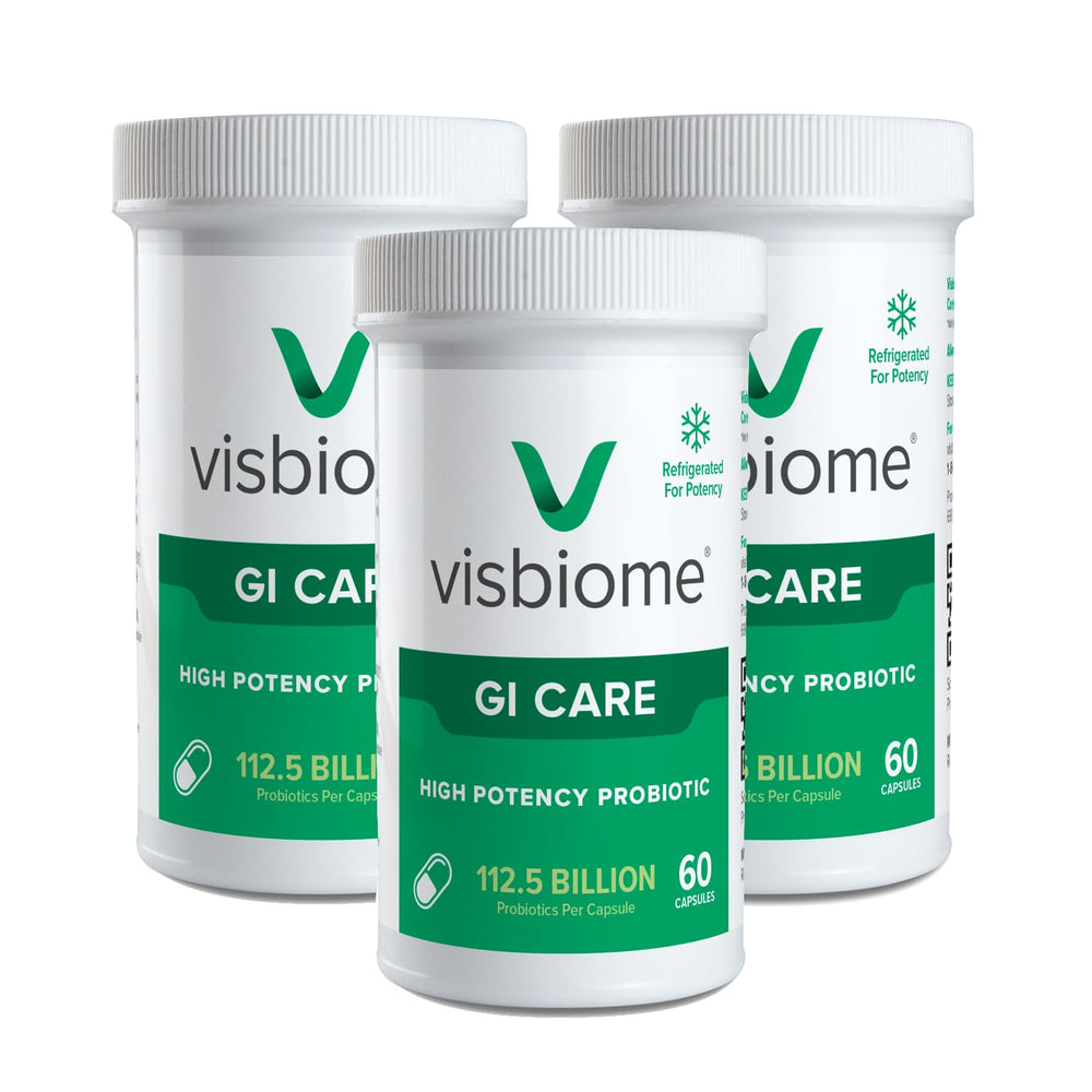 Visbiome GI Care bottle containing 180 capsules with 112.5B CFU per capsule
