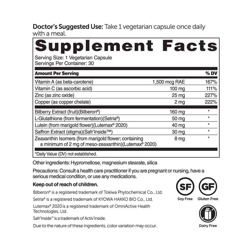 Key ingredients: Lutemax 2020 lutein, Bilberon bilberry extract, Safrinside saffron