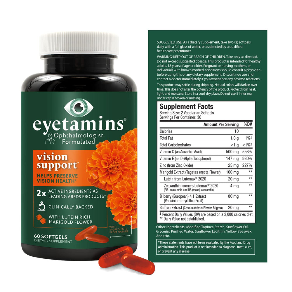 Ingredient panel highlighting lutein and zeaxanthin