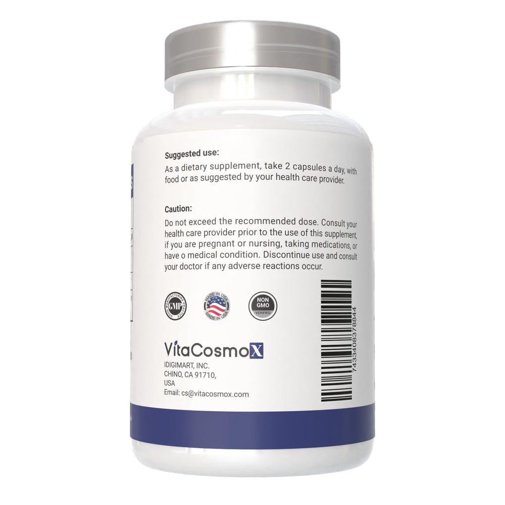 180 vegetarian capsules inside the VitaCosmoX bottle