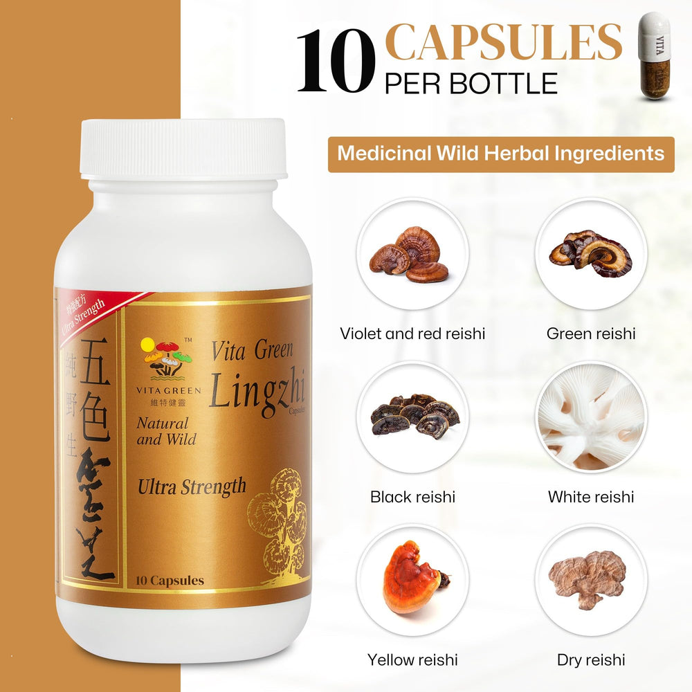 Vita Green Lingzhi packaging and bottle on white surface