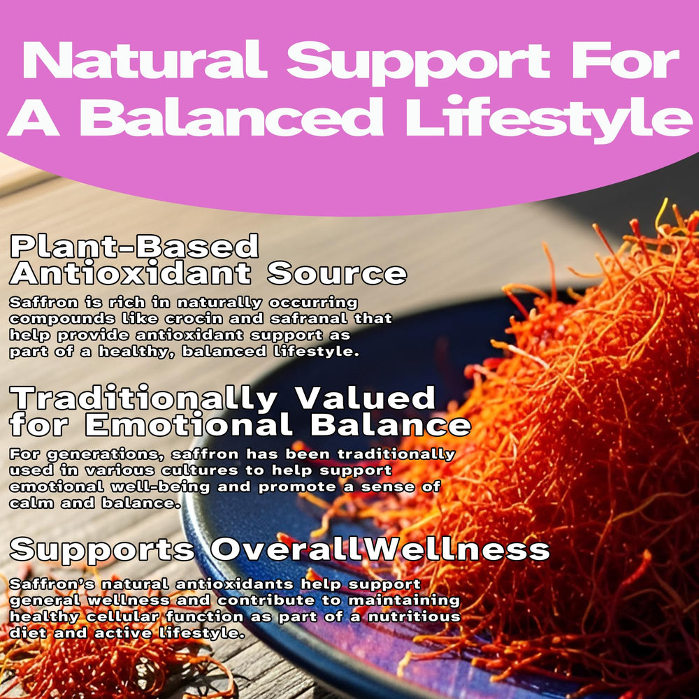 Vegan saffron supplement capsules on a light background