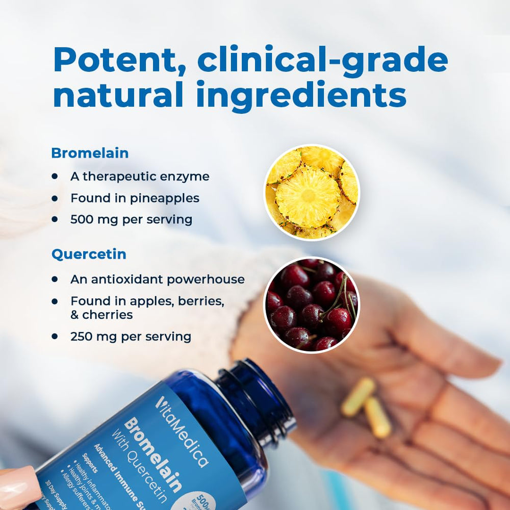 Capsules of Bromelain & Quercetin on white background