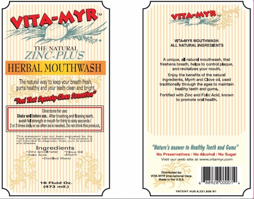 Close-up of VITA-MYR Zinc-Plus Mouthwash bottle showing no SLS, sugar, fluoride, alcohol or saccharin