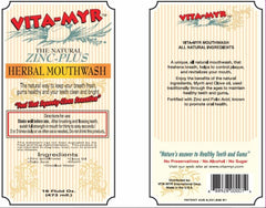 Close-up of VITA-MYR Zinc-Plus Mouthwash bottle showing no SLS, sugar, fluoride, alcohol or saccharin