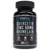 Front view of VitaRaw Quercetin with Bromelain 500mg capsules bottle on white background