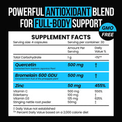 Close-up of quercetin and bromelain ingredients on label