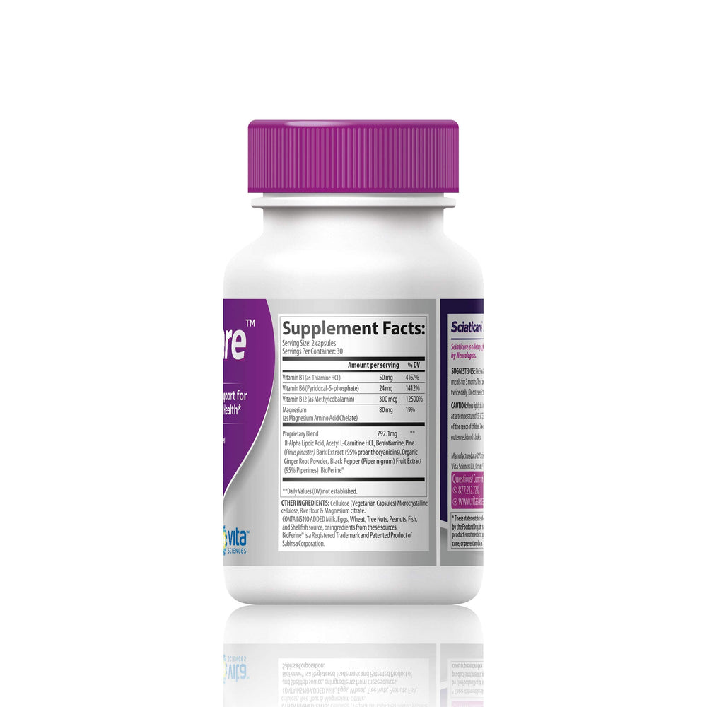 Sciaticare capsules with a spoon showing dosage of 2 capsules