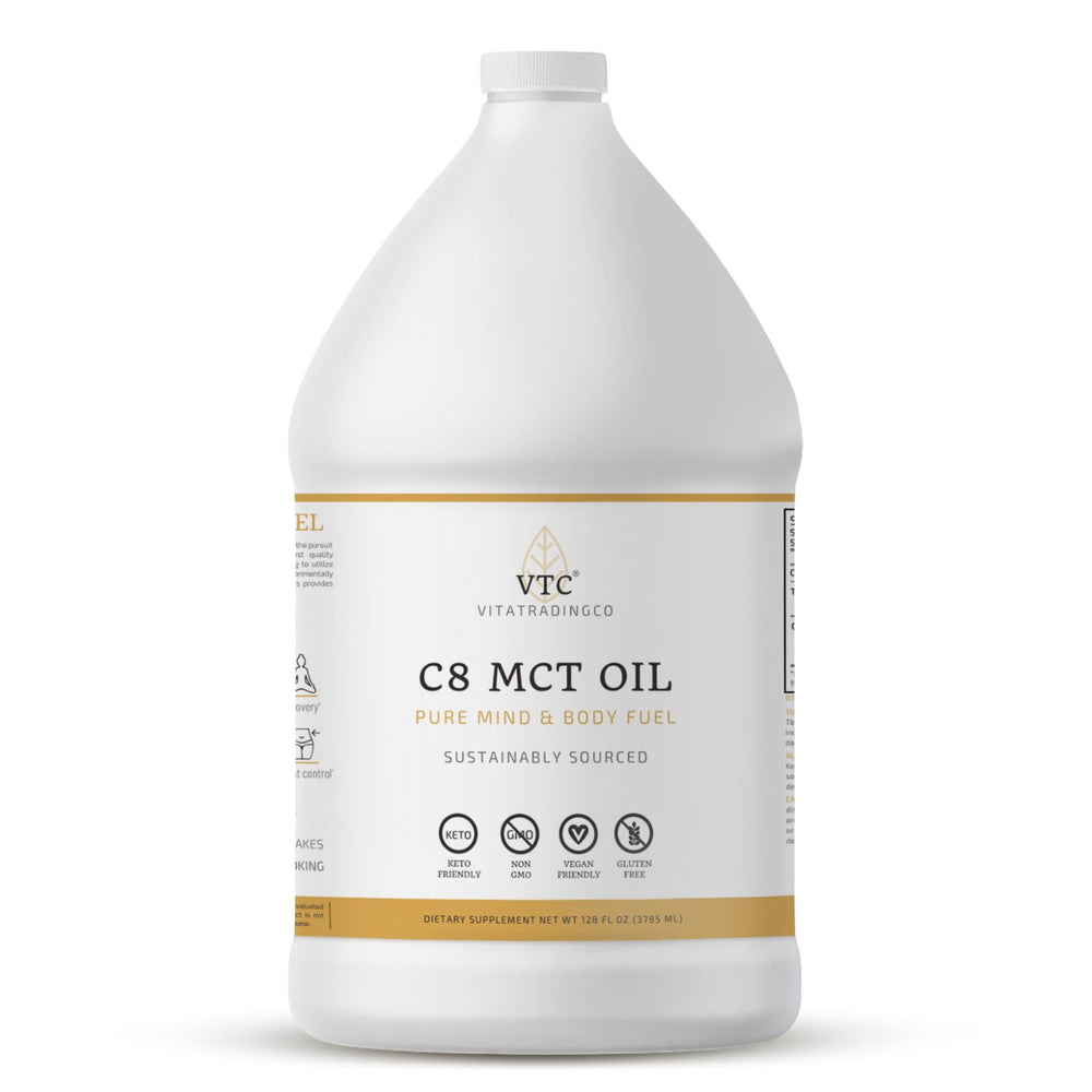 Front view of VitaTradingCo 100% Pure C8 MCT Oil bottle