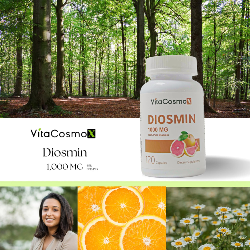Lifestyle shot of VitaCosmoX Diosmin bottle with citrus bioflavonoids imagery