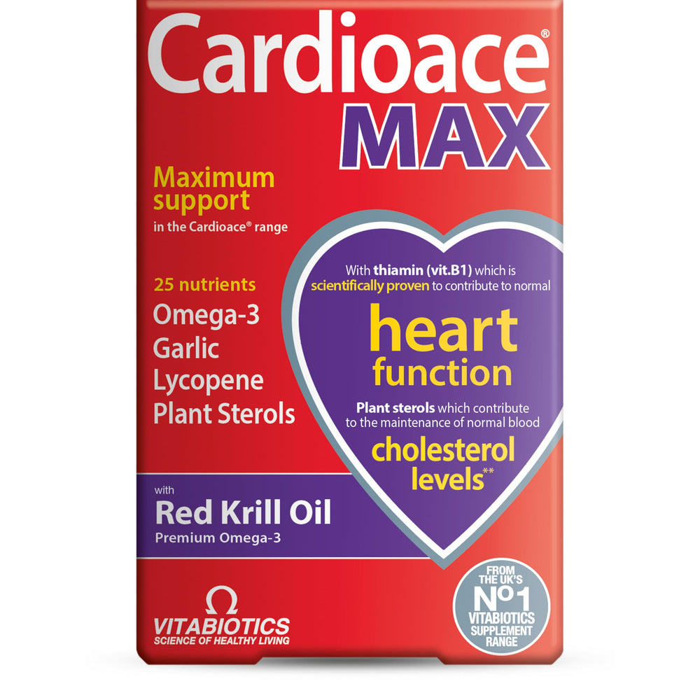 Bottle of Cardioace Max 84 capsules on white background