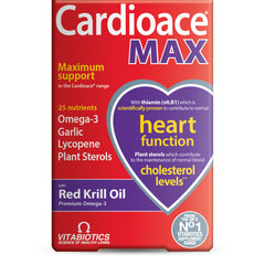 Bottle of Cardioace Max 84 capsules on white background
