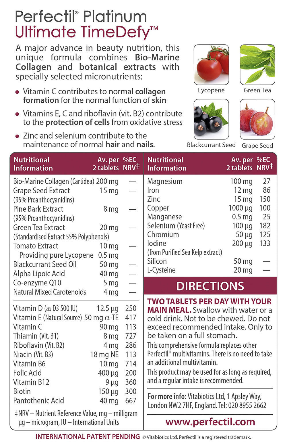 Graphic showing bio-active ingredients: marine collagen, pine bark extract, black currant seed oil, lycopene and alpha-lipoic acid.