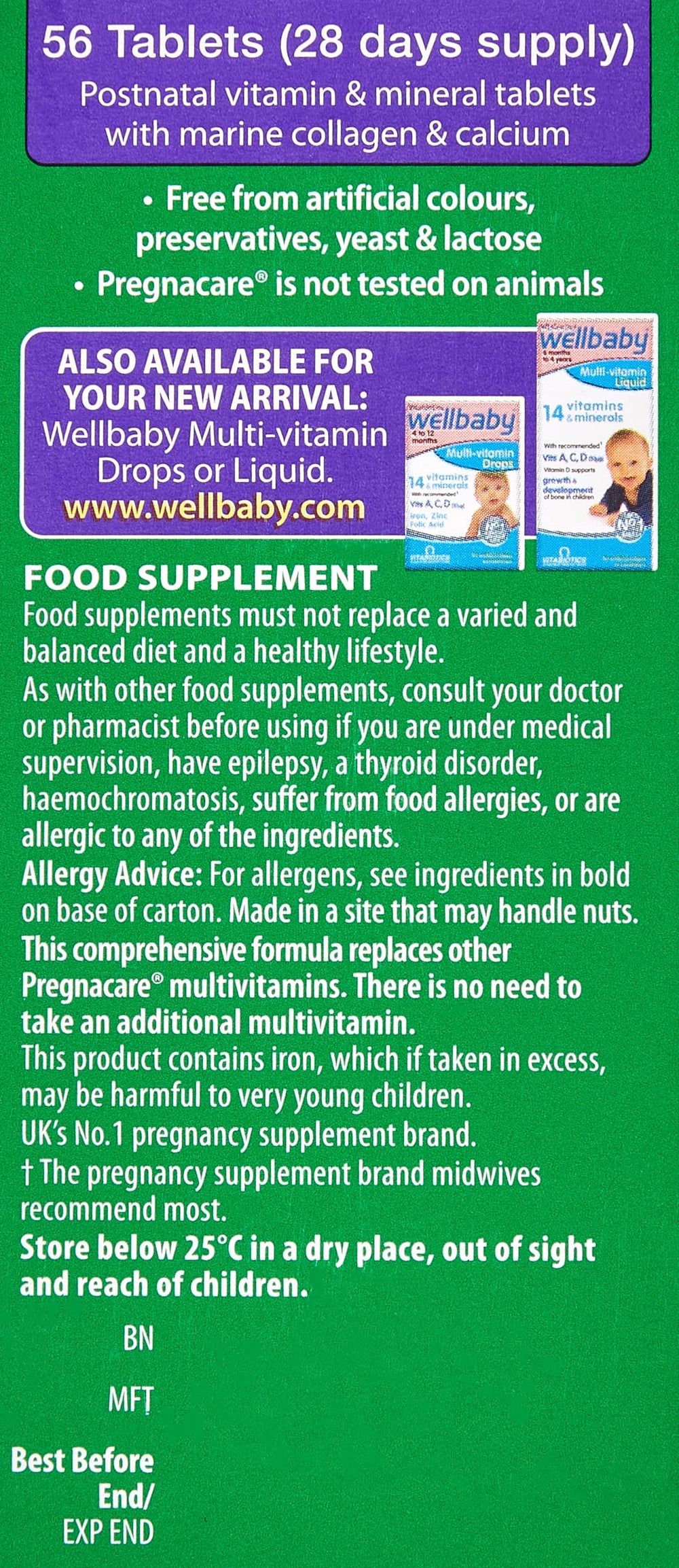 Nutritional information on Pregnacare New Mum box