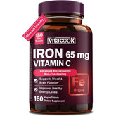 Vitacook Iron Supplement bottle with label showing 65 mg iron and 250 mg vitamin C