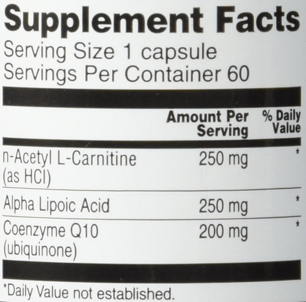 Close-up of one-capsule serving showing CoQ10, ALA, and Acetyl L-Carnitine HCl ingredients