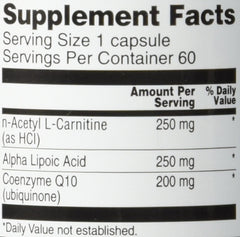 Close-up of one-capsule serving showing CoQ10, ALA, and Acetyl L-Carnitine HCl ingredients
