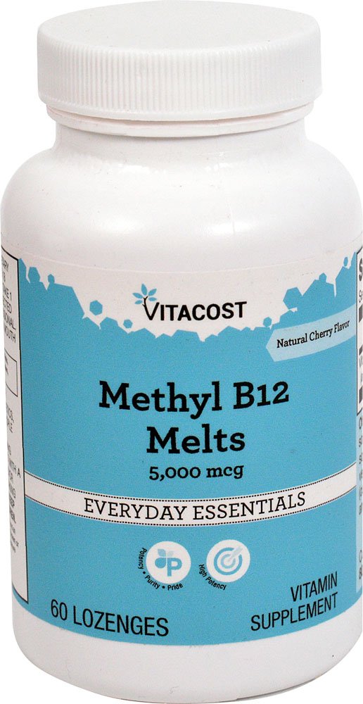 Vitacost Methyl B-12 Sublingual bottle label showing 5,000 mcg per lozenge