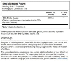 Label showing Vitacost Milk Thistle Extract standardized to 80% silymarin
