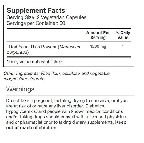 Close-up view of Vitacost Red Yeast Rice supplement packaging and serving size