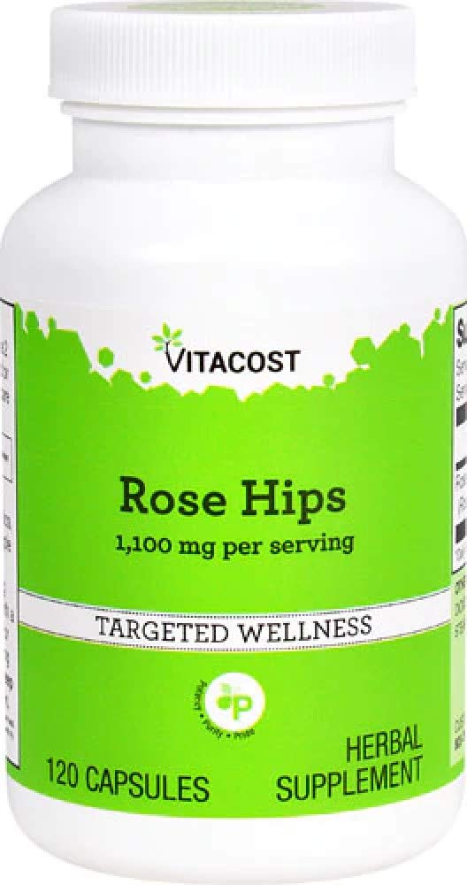 Vitacost Rose Hips bottle with 120 capsules, 1,100 mg per serving