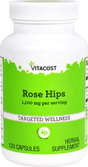 Vitacost Rose Hips bottle with 120 capsules, 1,100 mg per serving