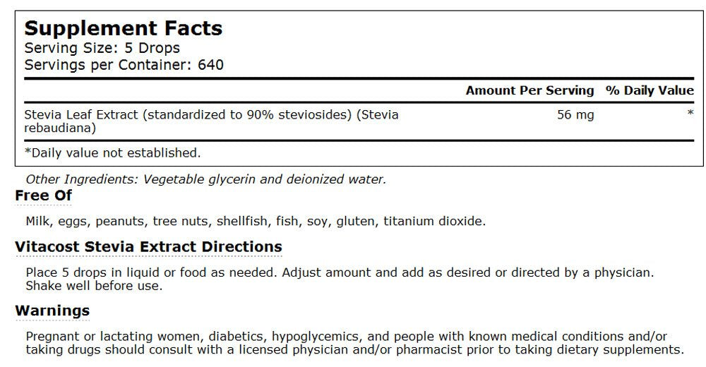 Close-up of Vitacost Stevia Extract label showing 90% steviosides