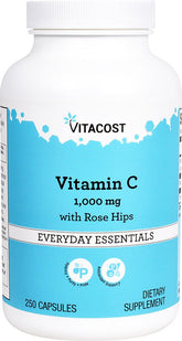 Vitacost Vitamin C with Rose Hips bottle label showing 1000 mg per capsule and 250 capsules per bottle