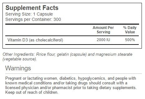 Close-up of Vitacost Vitamin D3 2000 IU bottle label