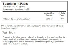 Close-up of Vitacost Vitamin D3 2000 IU bottle label