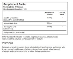 Close-up of Vitacost Synergy supplement bottle and capsules highlighting CoQ10, ALA, and ALC ingredients