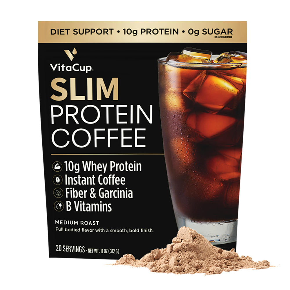 VitaCup Slim Protein Coffee Shake served iced in a glass for a protein-rich refreshment.