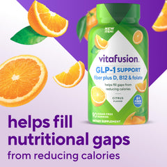 B12 and Folate vitamins shown on Vitafusion GLP-1 product packaging.