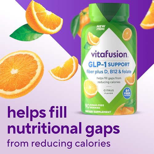Close-up of Vitafusion GLP-1 citrus gummies on a clean background.