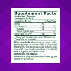 Two gummies serving size showing iron content