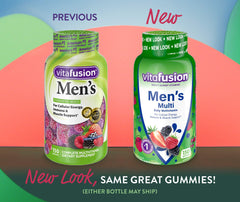 Vitafusion Men's Gummy Vitamins gummies closeup emphasizes chewy texture and fruity taste