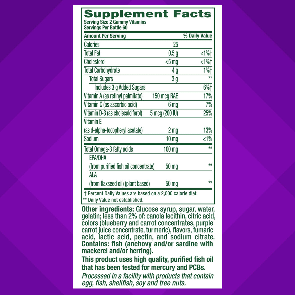 Nutrition label on Vitafusion Omega-3 Gummy bottle highlights EPA DHA and vitamins.