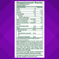 Nutrition label on Vitafusion Omega-3 Gummy bottle highlights EPA DHA and vitamins.