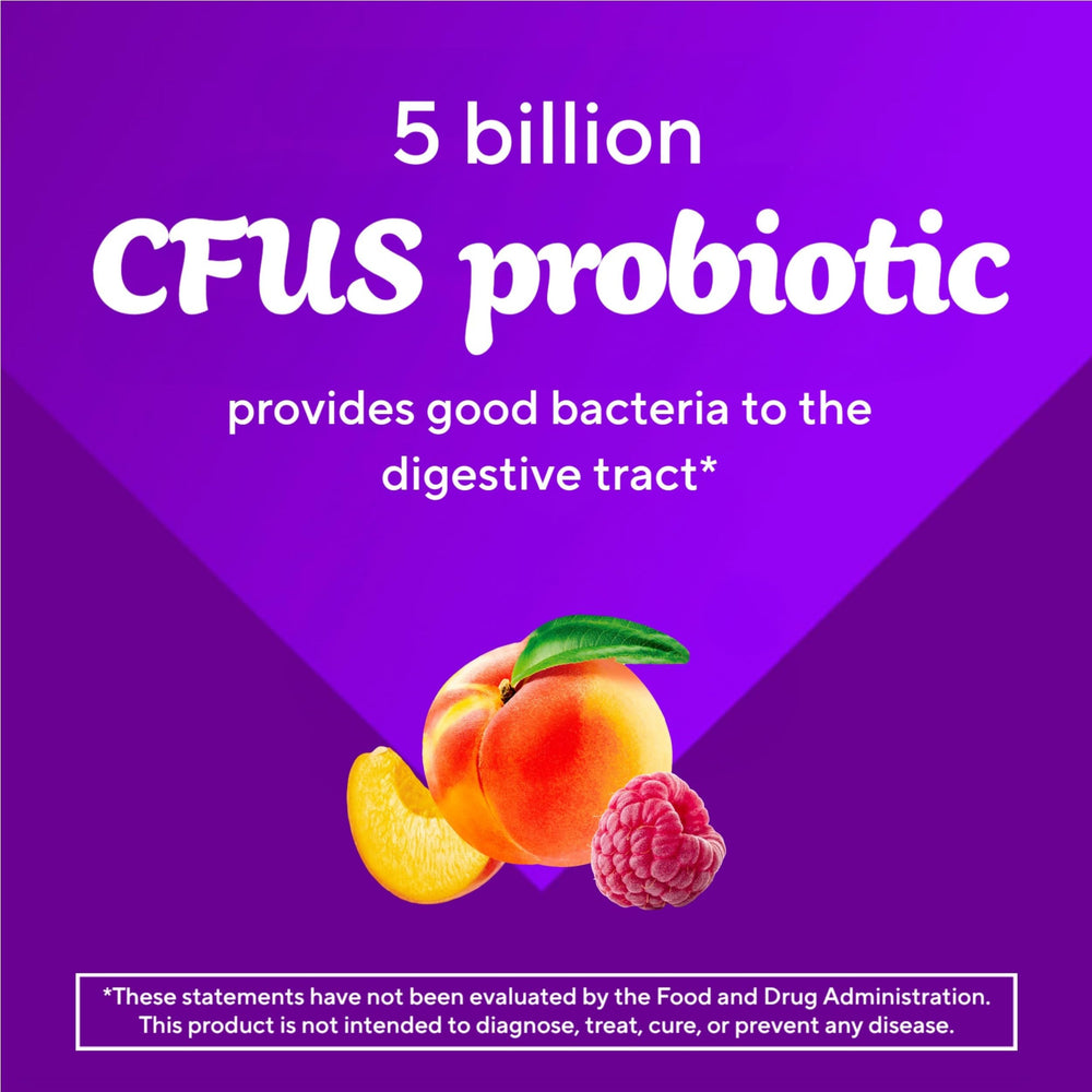 Vitafusion probiotic bottle on counter, 70-count for a 35-day supply.