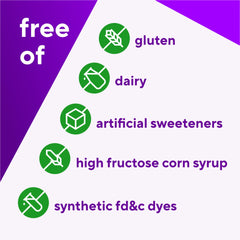 Image highlighting no artificial flavors, sweeteners, gluten, dairy, or synthetic dyes