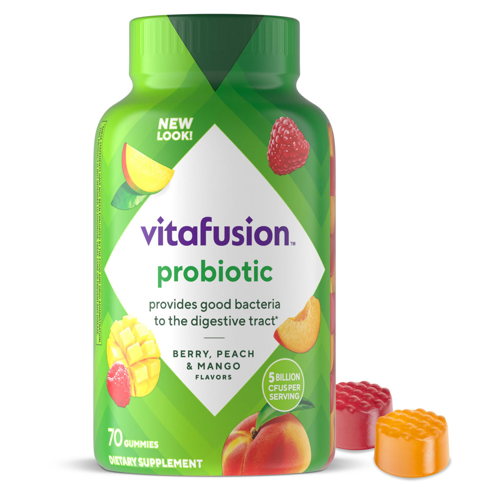 Bottle of vitafusion Probiotic Gummy Supplements in raspberry, peach and mango flavor, 70-count