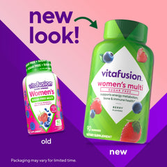 Vitafusion Women’s Sugar Free gummies close-up highlights tasty, easy daily intake.