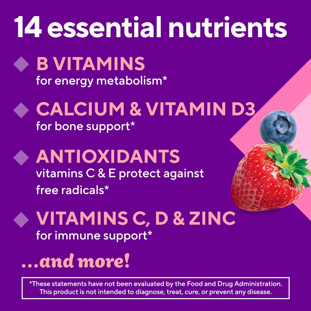 Vitafusion Women’s Sugar Free gummies spilled illustrate snack-on-the-go.