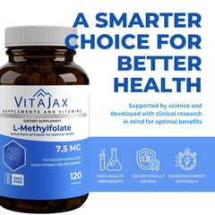 Vegan, non-GMO, gluten-free label on VitaJax L-Methylfolate