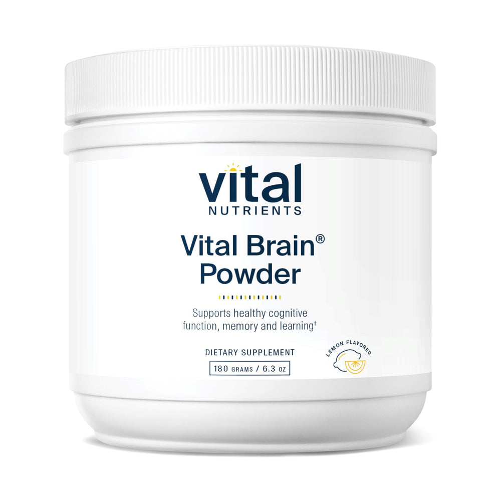 Front view of Vital Brain Powder lemon bottle (150g)